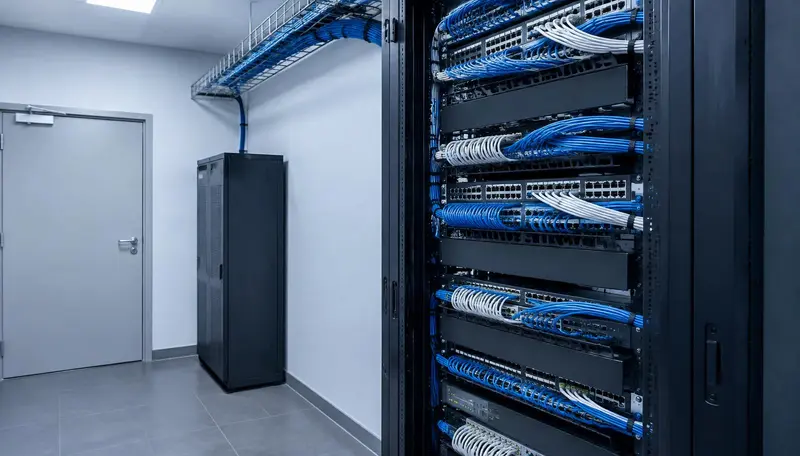 Bastidor de telecomunicações organizado numa sala técnica de hotel