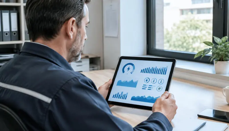 Responsável de manutenção a consultar consumos de energia num tablet