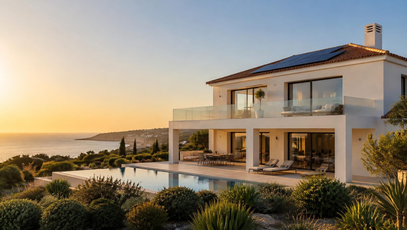 Vivenda com painéis solares fotovoltaicos ao pôr-do-sol