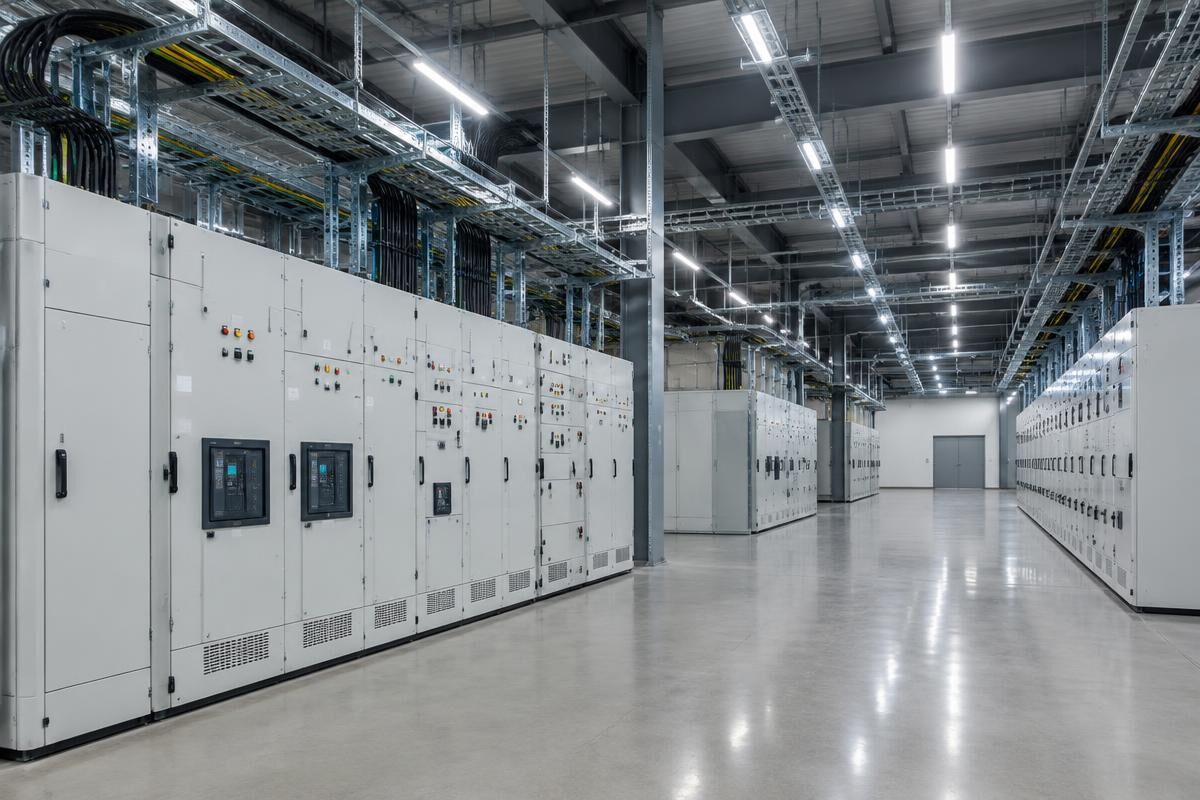 Quadros elétricos e caminhos de cabos num pavilhão industrial