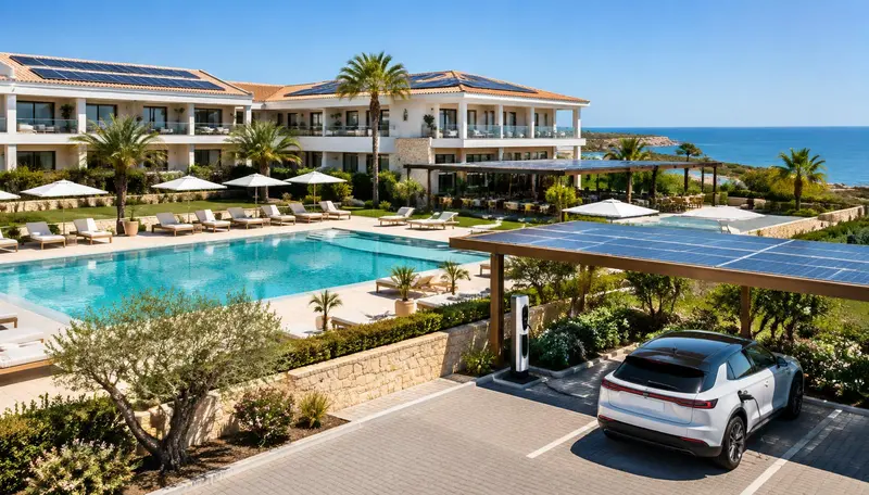 Resort com piscina, painéis fotovoltaicos e posto de carregamento de veículos elétricos