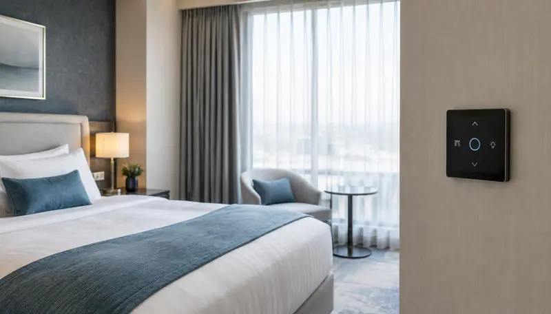 Quarto de hotel com painel de controlo de luz, clima e cortinas junto à porta