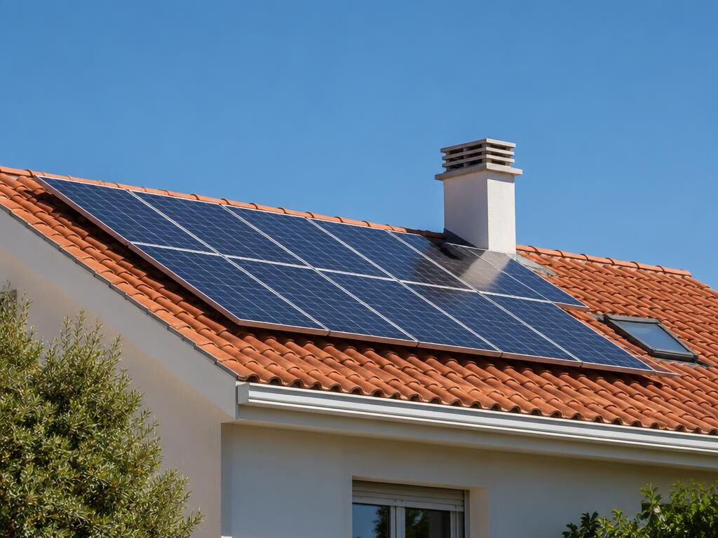 Painéis fotovoltaicos no telhado de uma habitação