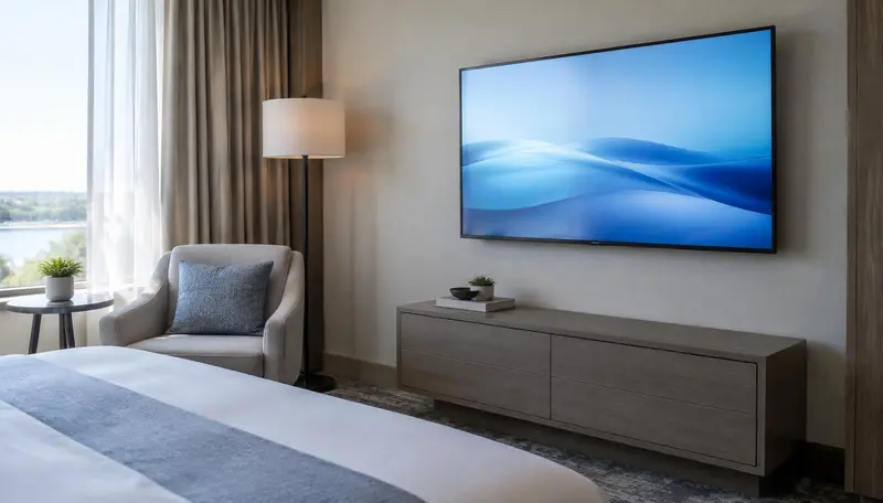 Televisor de parede num quarto de hotel com ecrã de boas-vindas